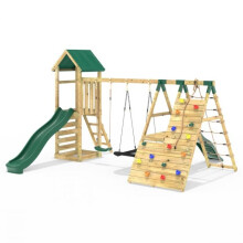 (San Luis Green) Rebo Wooden Climbing Frame with Swings, 6 & 8ft Slides and Climbing Wall