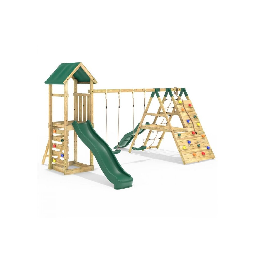 Rebo (Hayes Green) Wooden Climbing Frame With Swings, 6 & 8Ft Slides And Climbing Wall