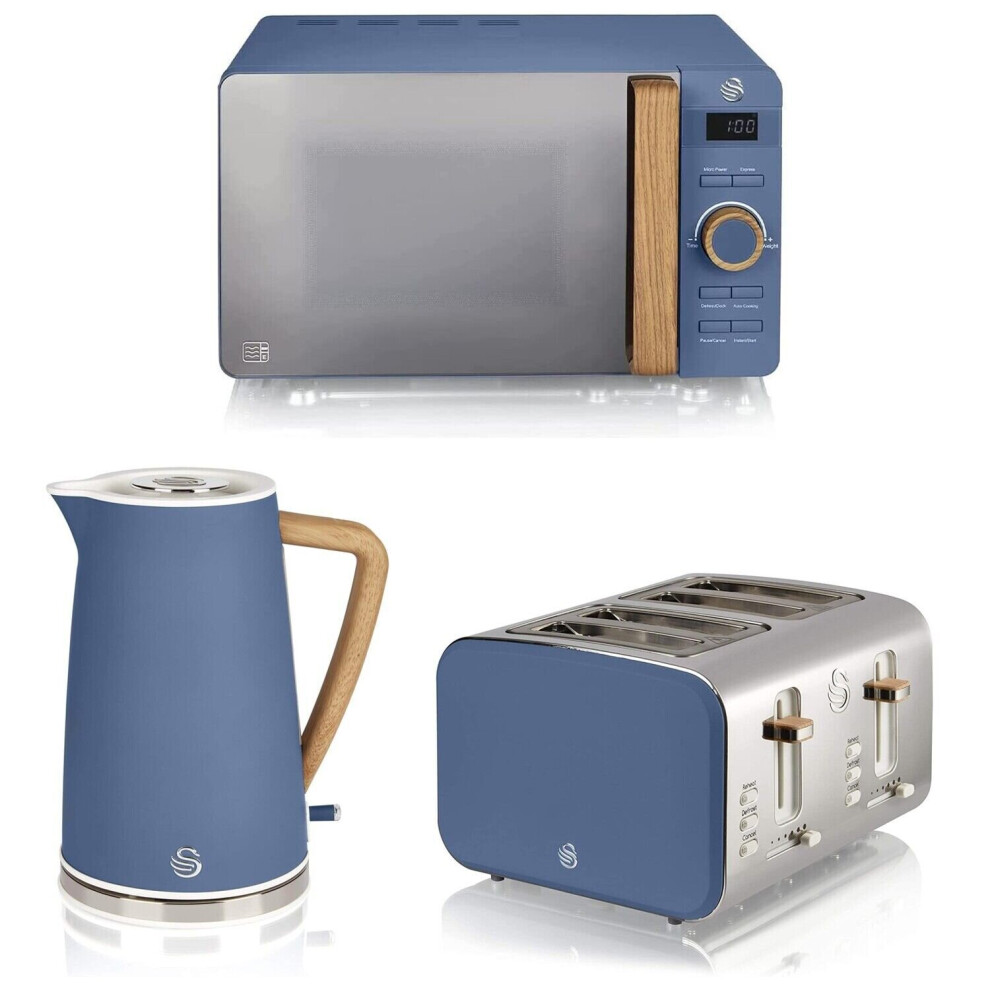 (Blue) Swan Nordic 1.7 Litre Jug Kettle, 2 Slice Toaster & Microwave LED 800W Freestanding