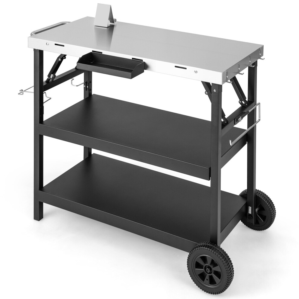 3-Tier Foldable Outdoor Cart BBQ Table Food Prepare Dining Cart Table