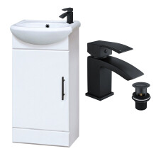 Gloss White 400mm Bathroom Vanity Basin Sink Unit & Matt Black Lucia Waterfall Tap, Waste & Black Handle