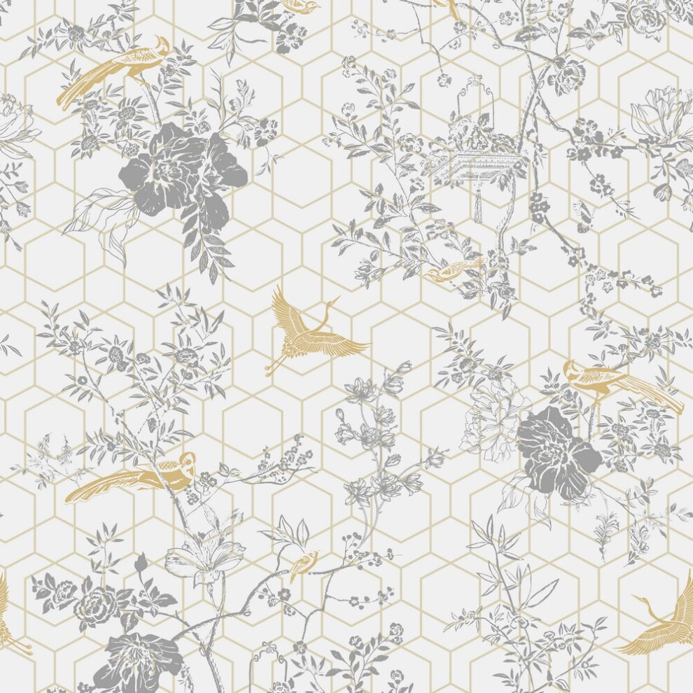 Lipsy Himara Grey and Gold Chinoiserie Wallpaper - Exotic Floral & Bird Motifs with Metallic Geometric Print - Image 3