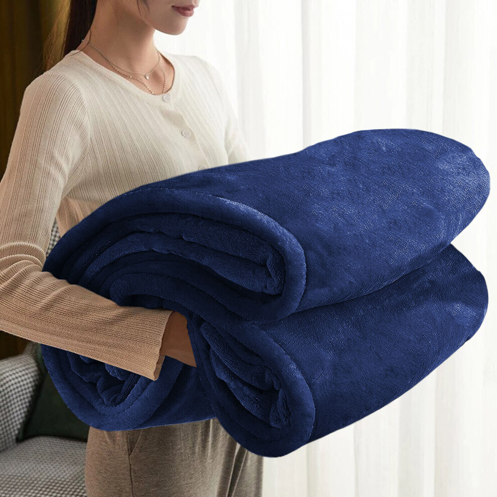 (Navy Blue, Double) Thick Warm Soft Blanket Mink Faux Fur Large Throw Sofa Bed Couch Fleece Blankets UK