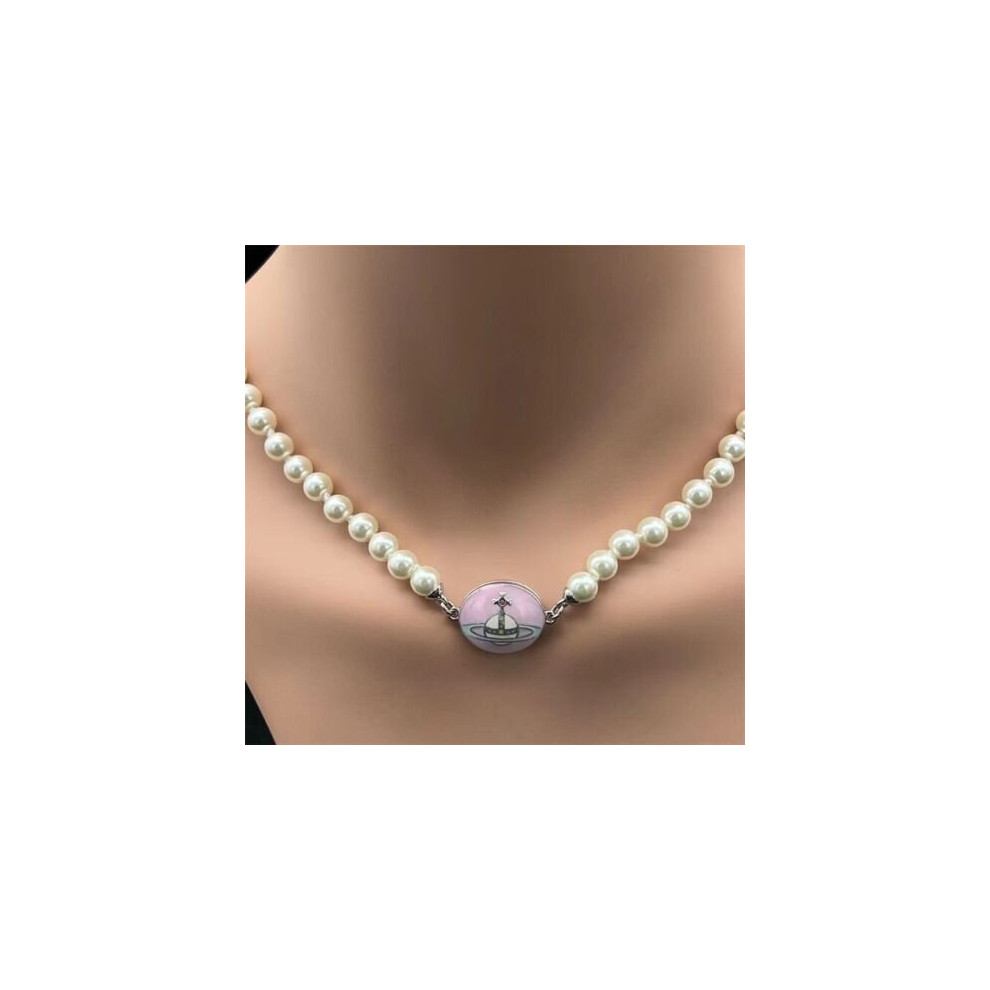 (Pink) White Faux Pearl Saturn Planet Necklace