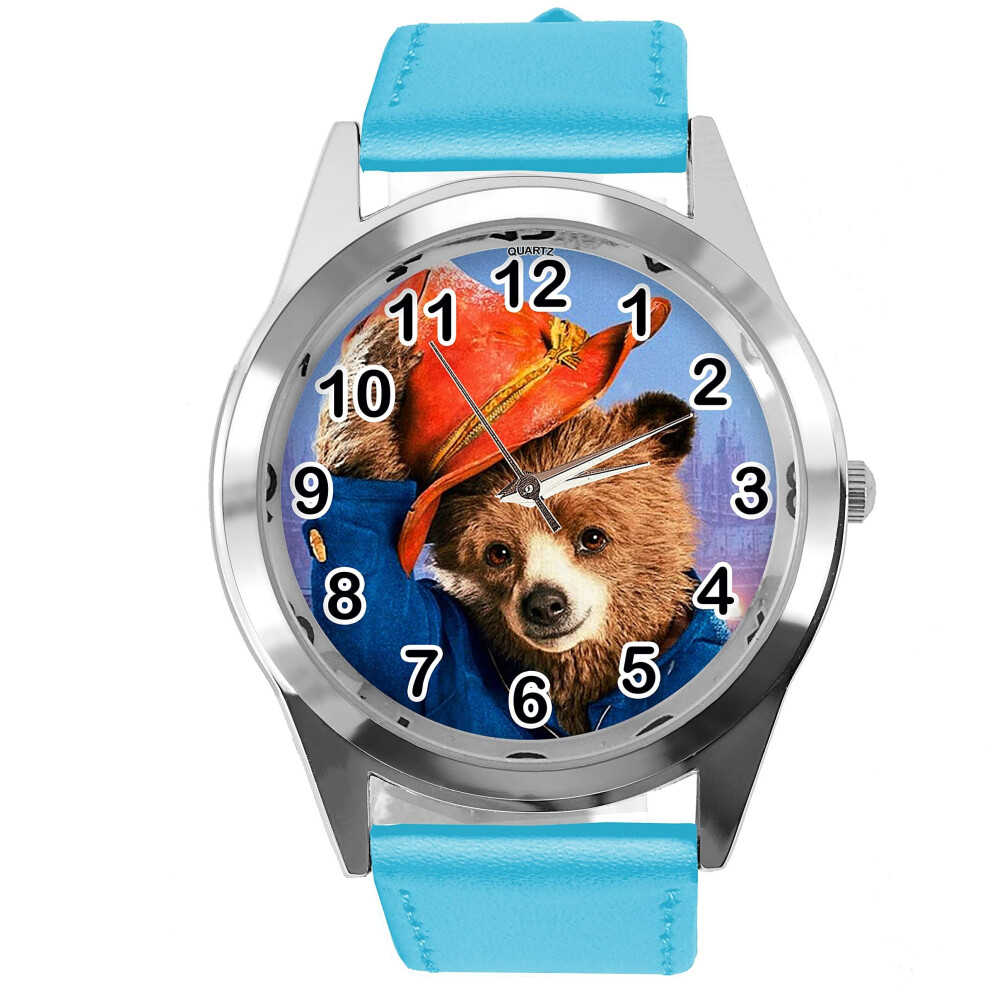 Photos - Wrist Watch Blue Leather Quartz Round Watch for Teddy Bear Fans e3