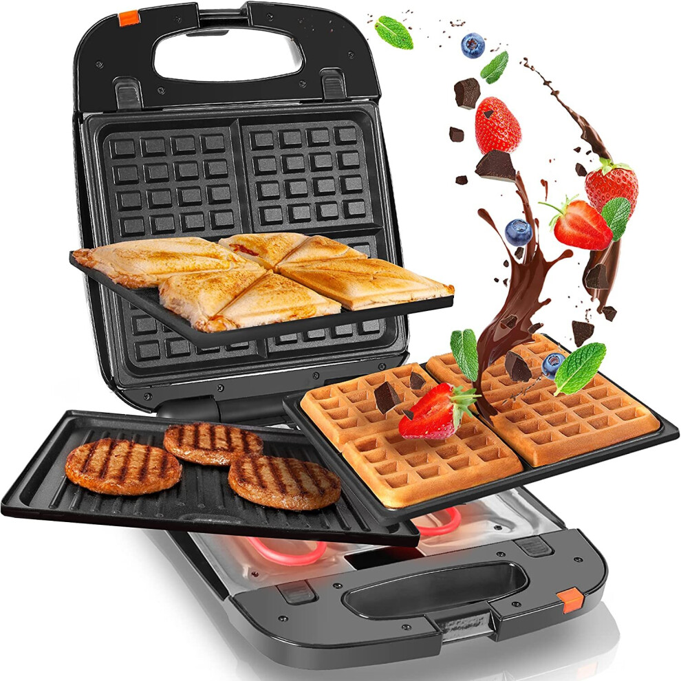 Duronic SWM60 3-in-1 Snack Maker with 1200W, 3 Interchangeable Plates - Panini Press, Waffle Iron & Grill