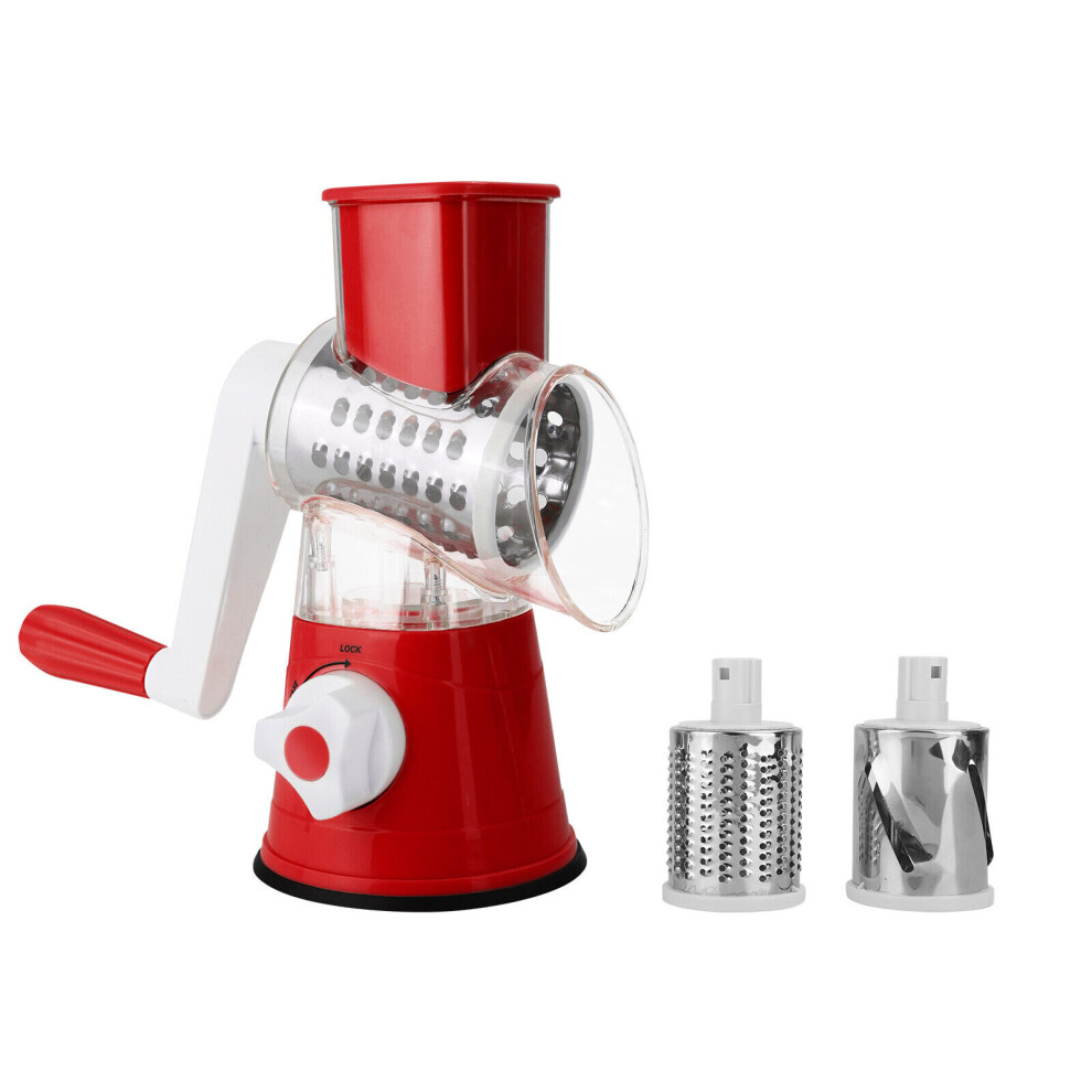 (Red) 3 Drum Blades Cheese Grater Rotary Handheld Fruit Vegetable Slicer