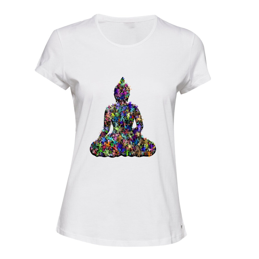 (2XL) Sitting Rulai Buddha Statue Peace Flower White Ladies Women T Shirt Tee Top