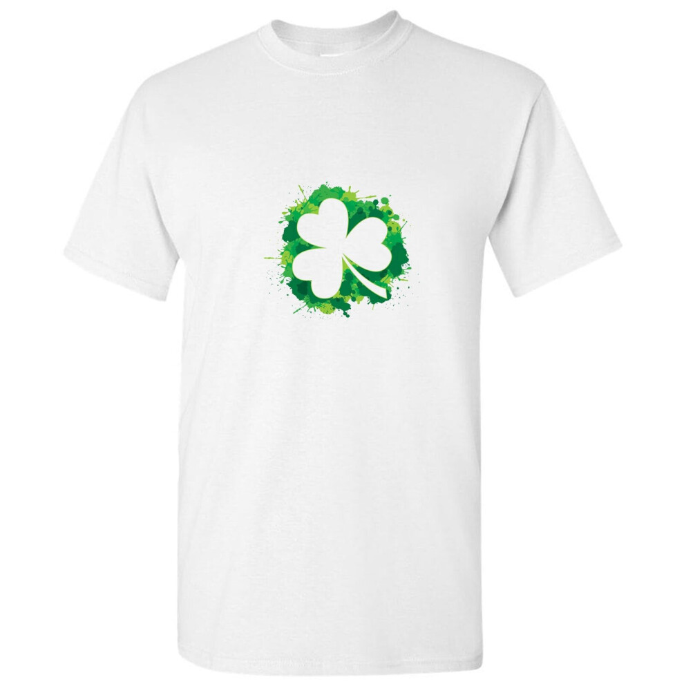 (3XL) Lucky Green Four Leaf Clover Plant Fortune White Men T Shirt Tee Top