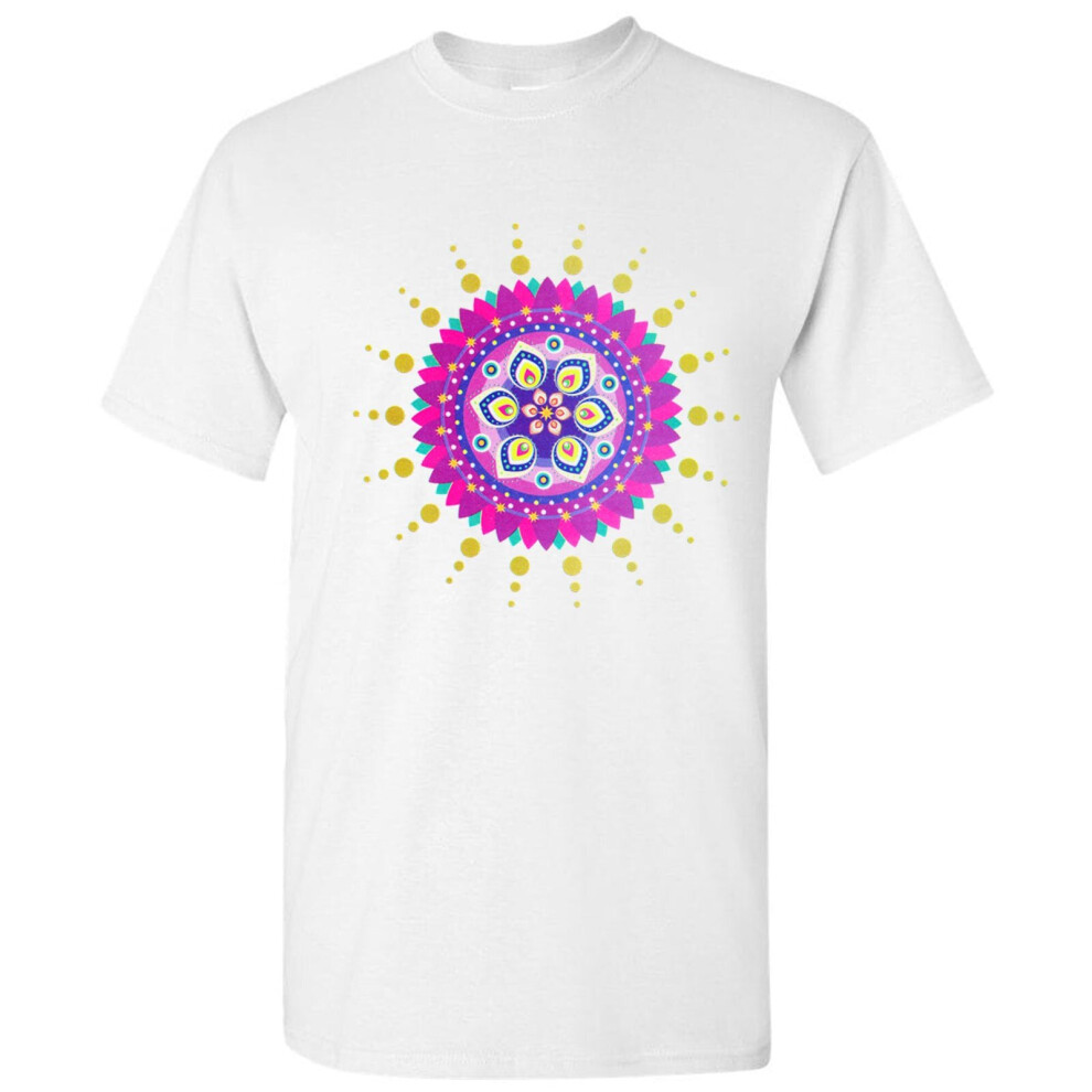 (3XL) Rangoli Indian Diwali Colourful Flower Henna Art Print Men White T Shirt Tee Top