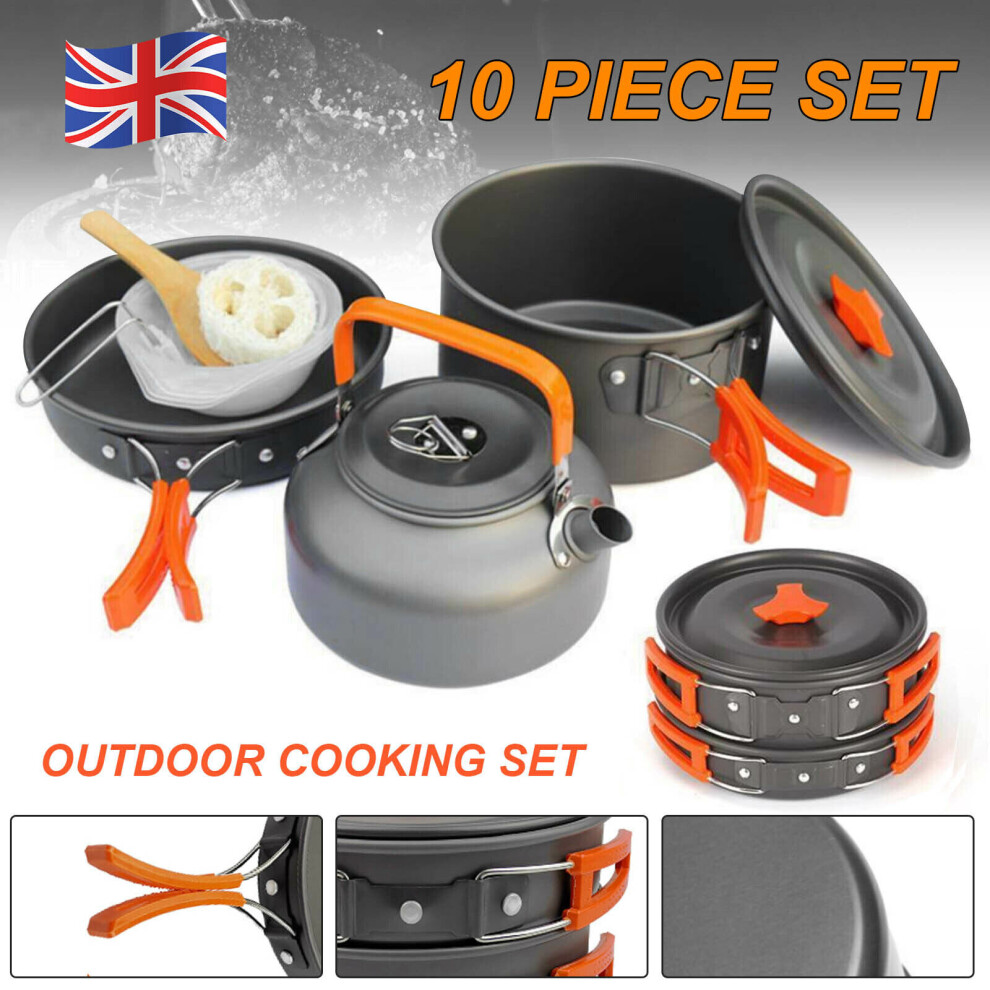 10pcs Camping Cook Cooking Cookware Set Anodised Aluminium Pots Pans