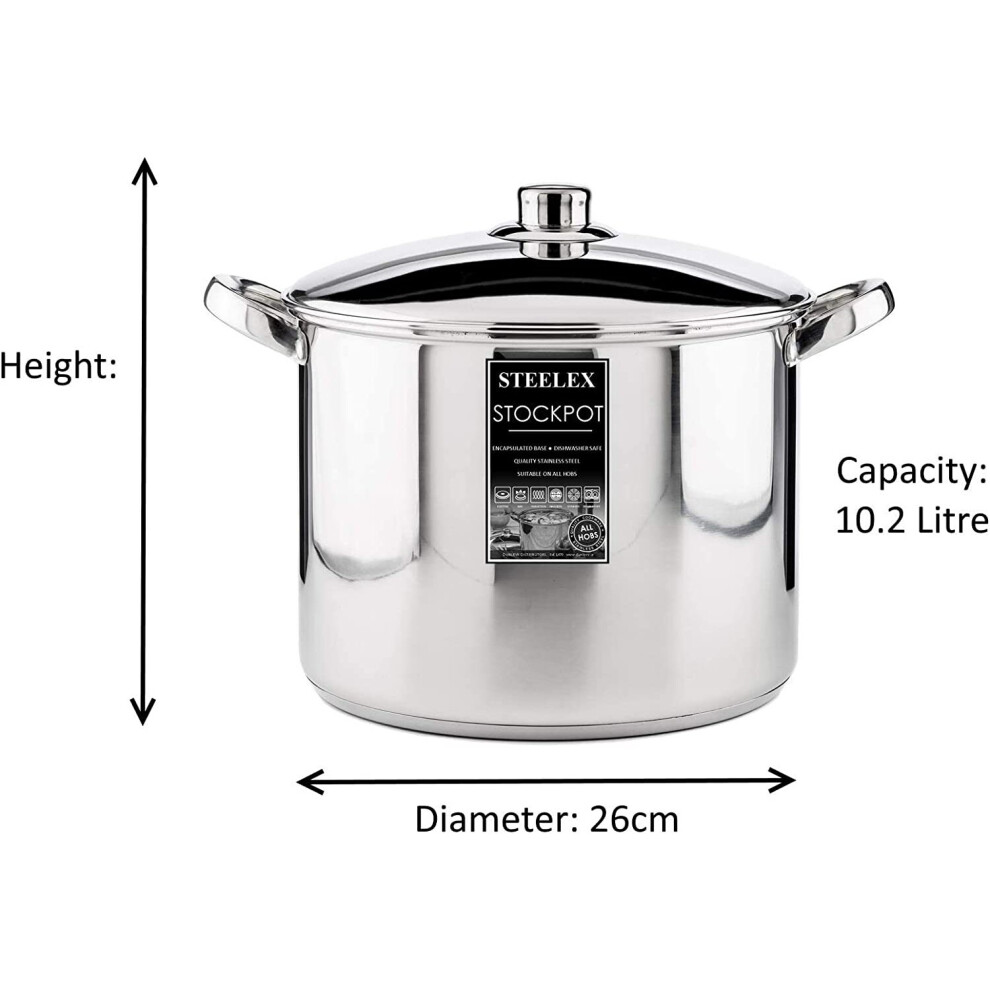 (26cm - 10.2 Litre) Stainless Steel Induction Stock Pot with Lid