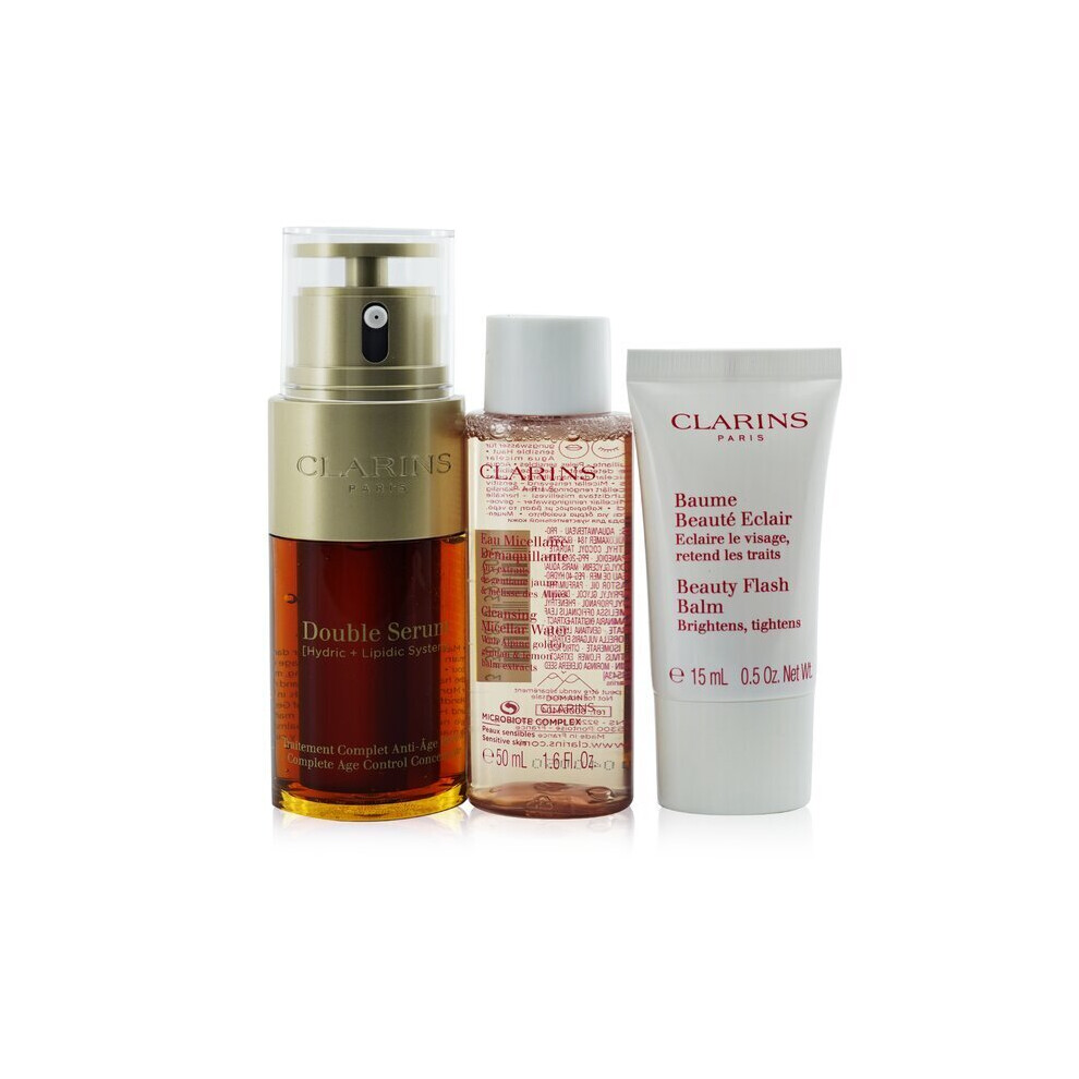 Clarins Youthful Radiance Set: Double Serum 30ml+ Cleansing Micellar Water 50ml+ Beauty Flash Balm 15ml 3pcs