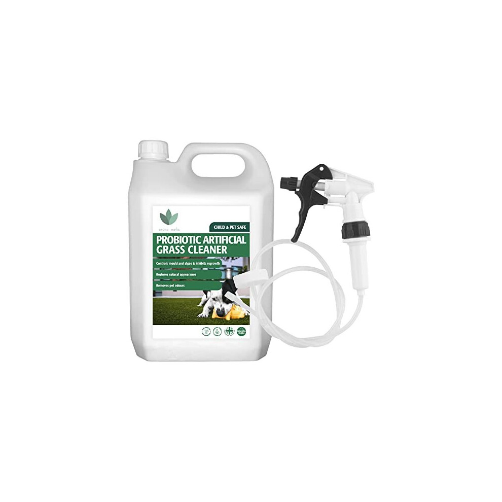 Enviro Works - Artificial Grass Cleaner - 5 Litre - Probiotic Formula - Pet Urine Odour Remover - with Long Hose Trigger, White