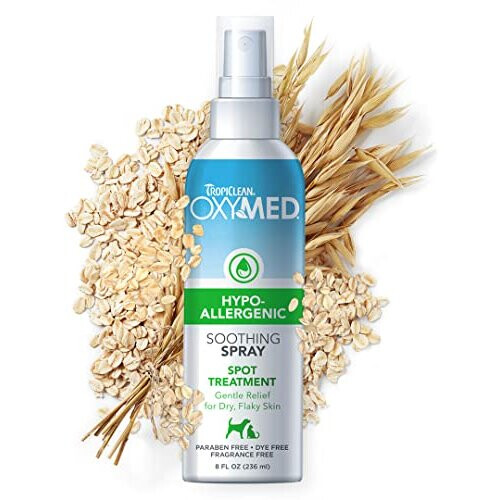 TropiClean OxyMed Medicated Dog Spray for Pets - Anti Itch Soothing Relief for Dry, Flaky Skin Stops Itching Fast - Hypoallergenic Spray, 236ml