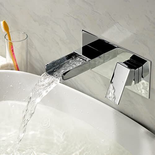 NES Home Ozone Square Waterfall Wall Mounted Basin Mixer Tap Chrome