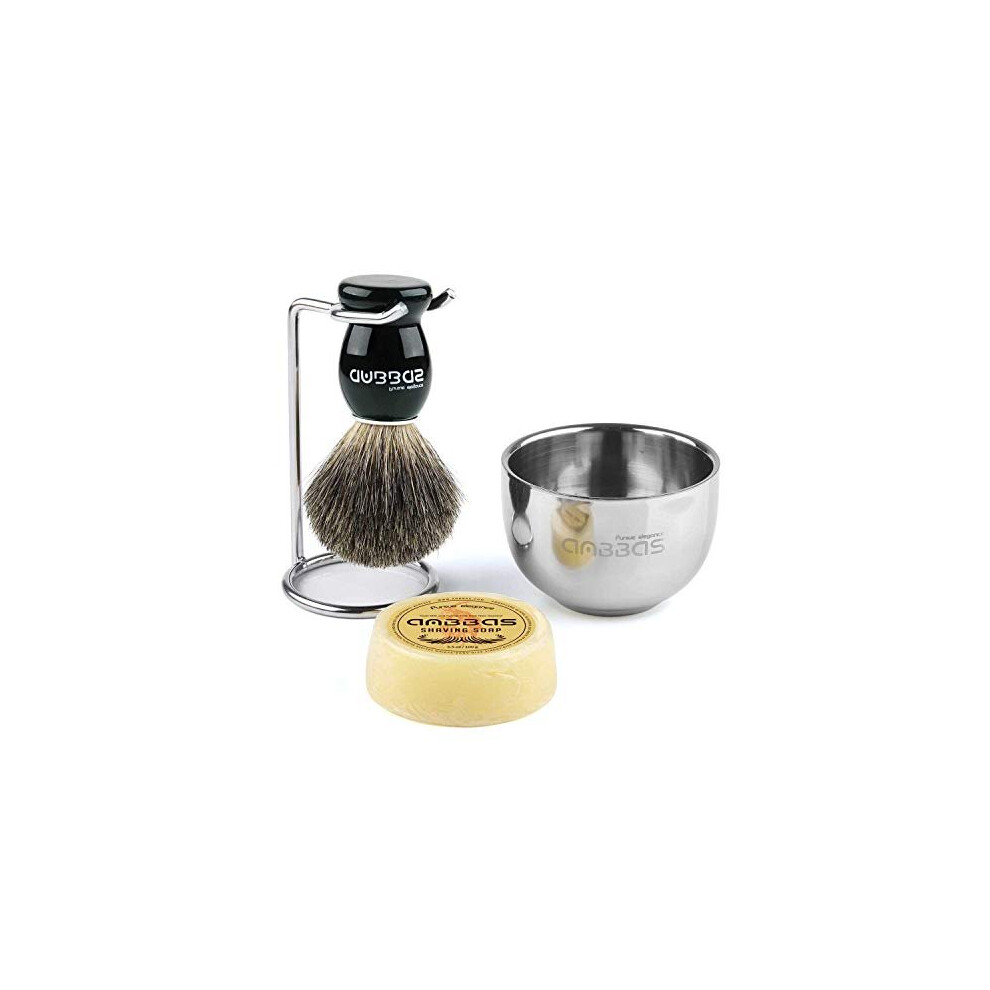 Shaving Kit, 4in1 Anbbas Men Fine Badger Bristles Shave Brush Black Wood Handle,Stainless Steel Shaving Soap Bowl and Brush Holder Stand Set with 