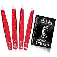 OCBA 4 Pcs Red Tweezers for Facial Hair Women & Men for Precise Grooming of Eyebrows - Professional Stainless Steel Black Color Coated Eyebrow