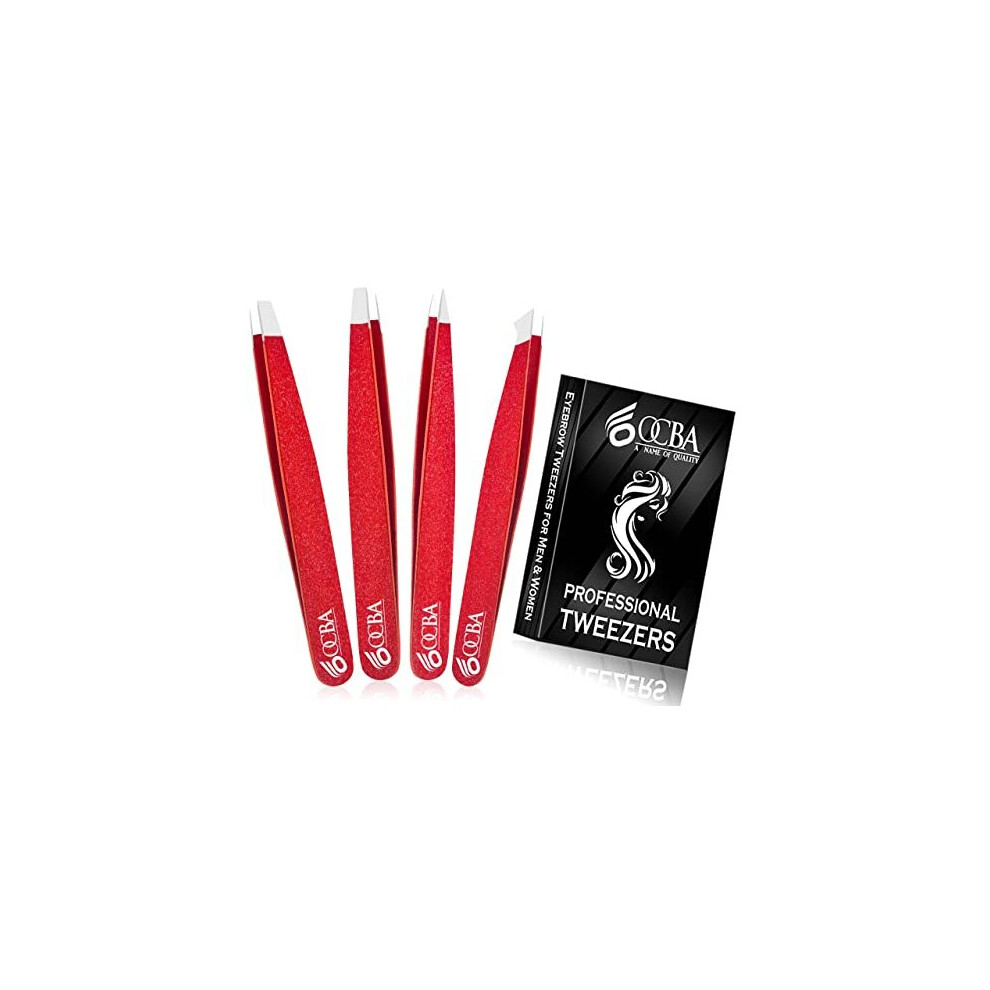 Ocba Red/Black 4 Pcs Tweezers For Facial Hair Women & Men For Precise Grooming Of Eyebrows - Professional Stainless Steel Color Coated Eyebrow