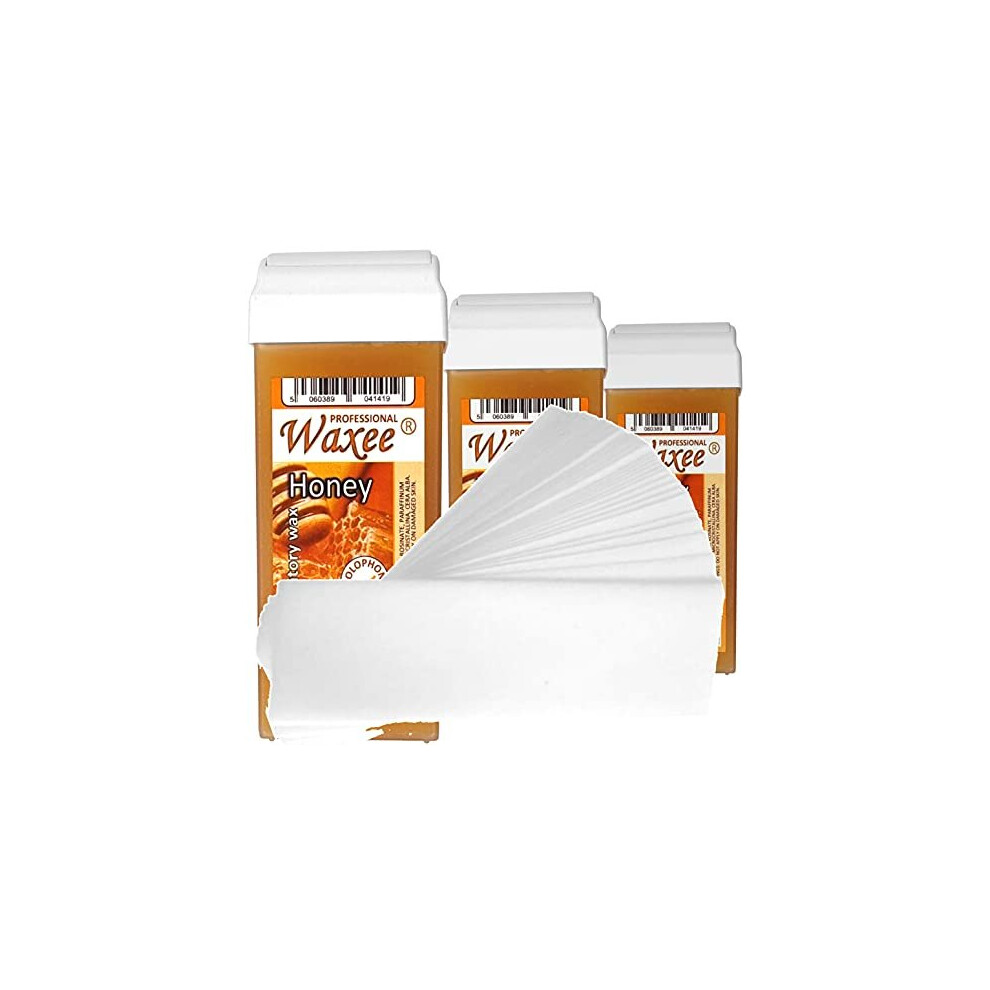 Waxee 3 X 100Ml Roll On Roller Wax Cartridge And 50 Waxing Strips (Wide Roller (Legs & Body), Honey (With Natural Beeswax))