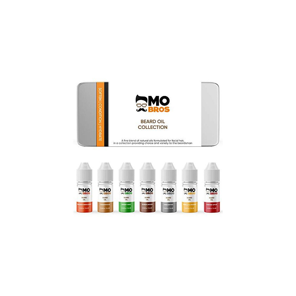 Mo Bro's Beard Oil Collection - Gifts For Men | 7 Premium Scents In A Tin | Natural Carrier Oils | Helps To Condition, Hydrate & Moisturise | Reduce Itching,
