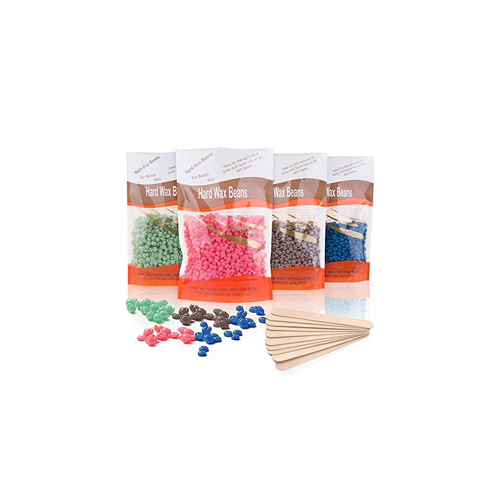 Hard Wax Beads, 4 X 100G Painless Hard Wax Beans with 10 Applicators, Professional Wax Beads for Eyebrow, Armpit, Bikini, Back, Chest, Legs, Painless