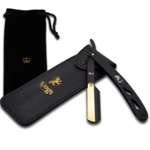 Kings Cutthroat Razor for Men - Black & Gold Stainless Steel, Engraved Logo, Leather Travel Pouch & Velvet Kit Bag