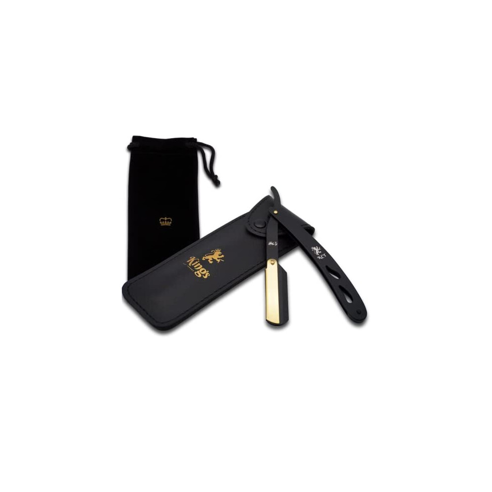Cut Throat Razor for Men by The Kings Cutthroat? - Men?s Cutthroat Shaving Black & Gold Steel ? Leather Travel Pouch & Velvet Kit Bag Included ?