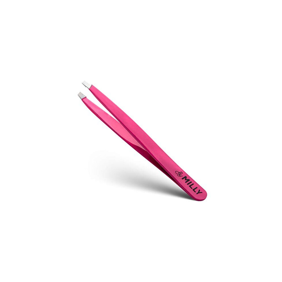 By Milly German Steel Professional Slanted Tweezers - Hammer Forged 100% Stainless Steel - Hand-Filed And Aligned Slant Tips For Precision - Pink