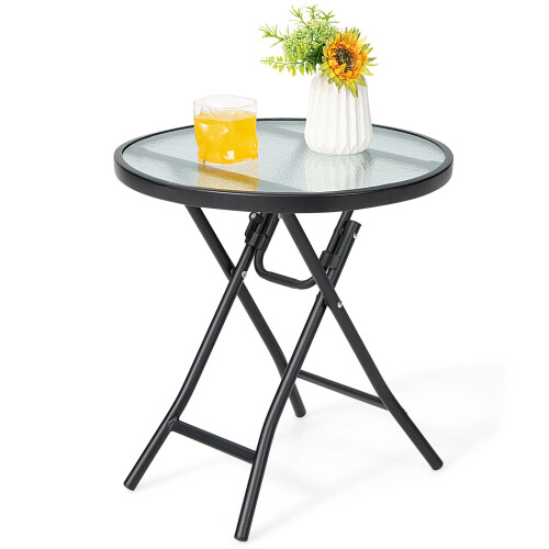 Costway Patio Folding Glass Side Table Portable Round Bistro Coffee Table