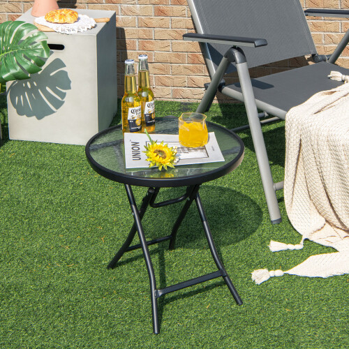 Costway Patio Folding Glass Side Table Portable Round Bistro Coffee Table 2