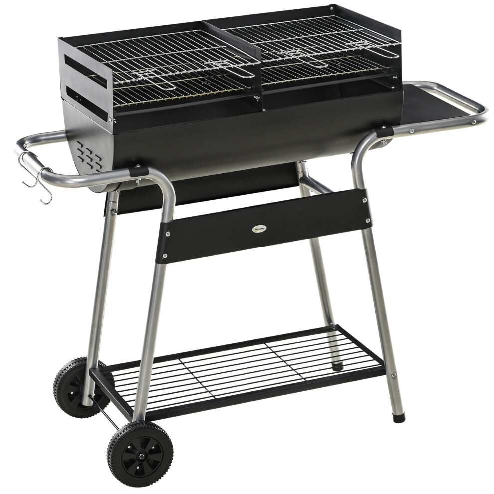 Outsunny Charcoal BBQ Grill with Double Grill, Table,  Shelf and Wheels