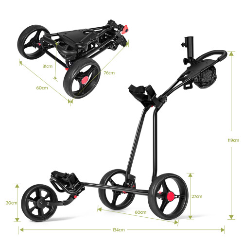 Casart 3 Lightweight Wheels Golf Push Cart Folding Trolley Golf Bag Holder 1