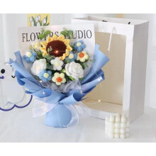 (Blue) Hand Knitted Bouquet Finished Gift Knitted Sunflower Roses for Friends Simulated Flowers Woolen Flowers