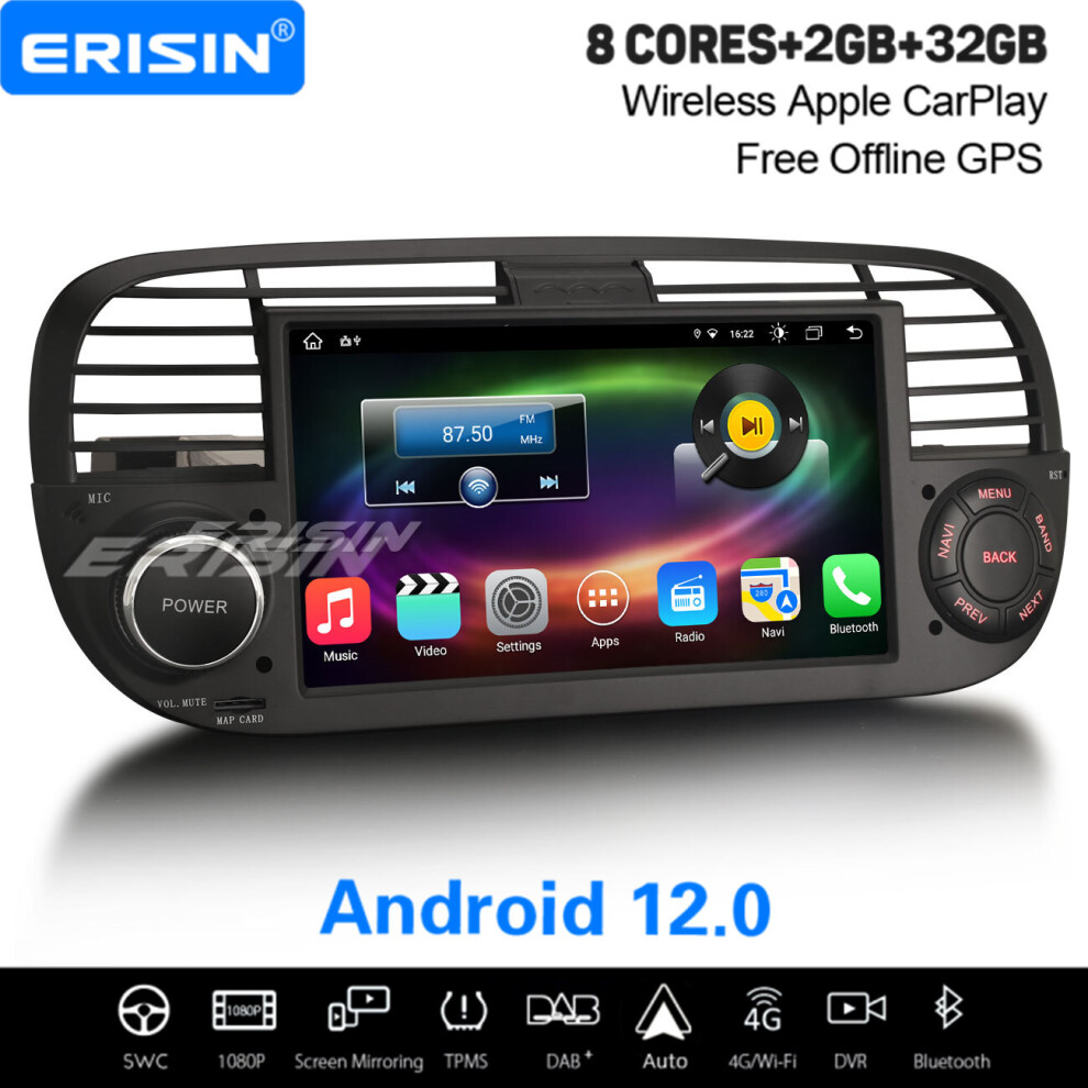 8-Core Android 12 Fiat 500 2008-2015 CarPlay DAB+ Satnav 4G WiFi OBD2 DVB-T Bluetooth DVR Car Stereo