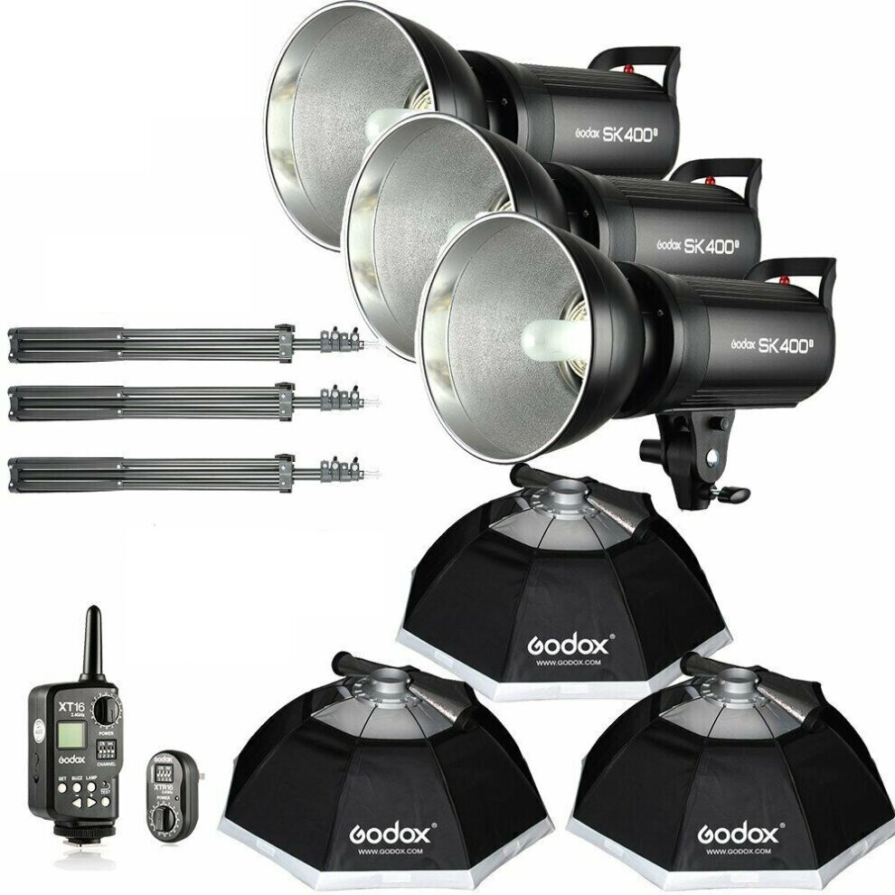 3x Godox 400w SK400II Studio Strobe Flash Light+XT-16+95cm Softbox Kit