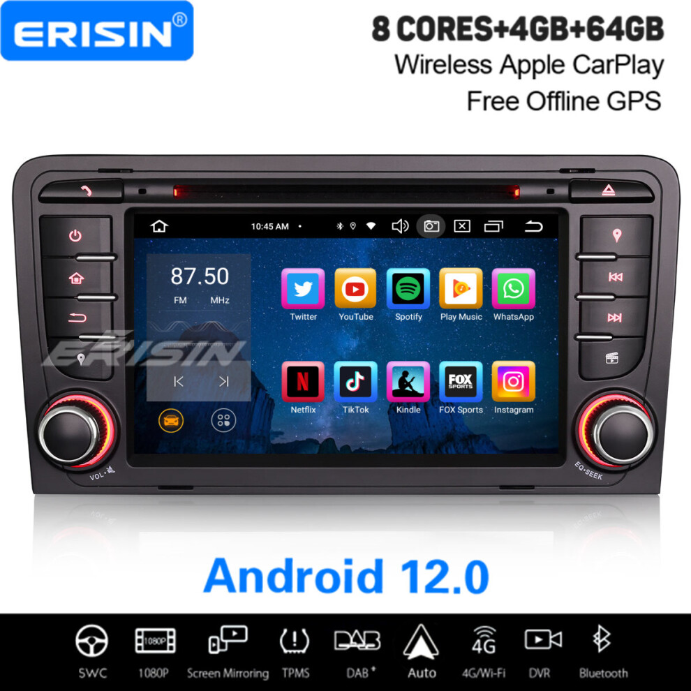 8-Core Android 12 Car Stereo Audi A3 S3 RS3 RNSE-PU WiFi CarPlay DAB+ Satnav OBD2 Bluetooth DVB-T 64GB