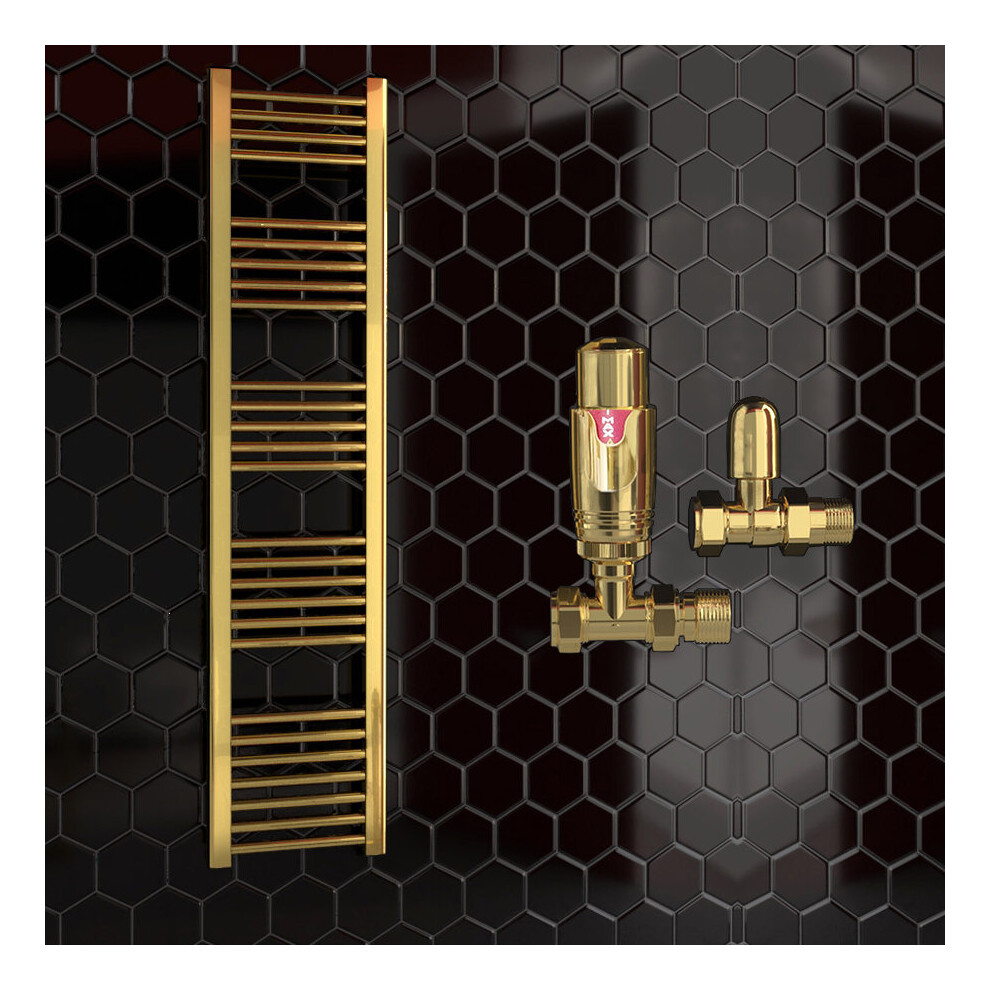 (550 X 1600 Mm (H), With Trv Straight Valves) 550Mm Wide Gold Heated Bathroom Towel Rail Radiator With Valves For Central Heating Uk 5056616525708