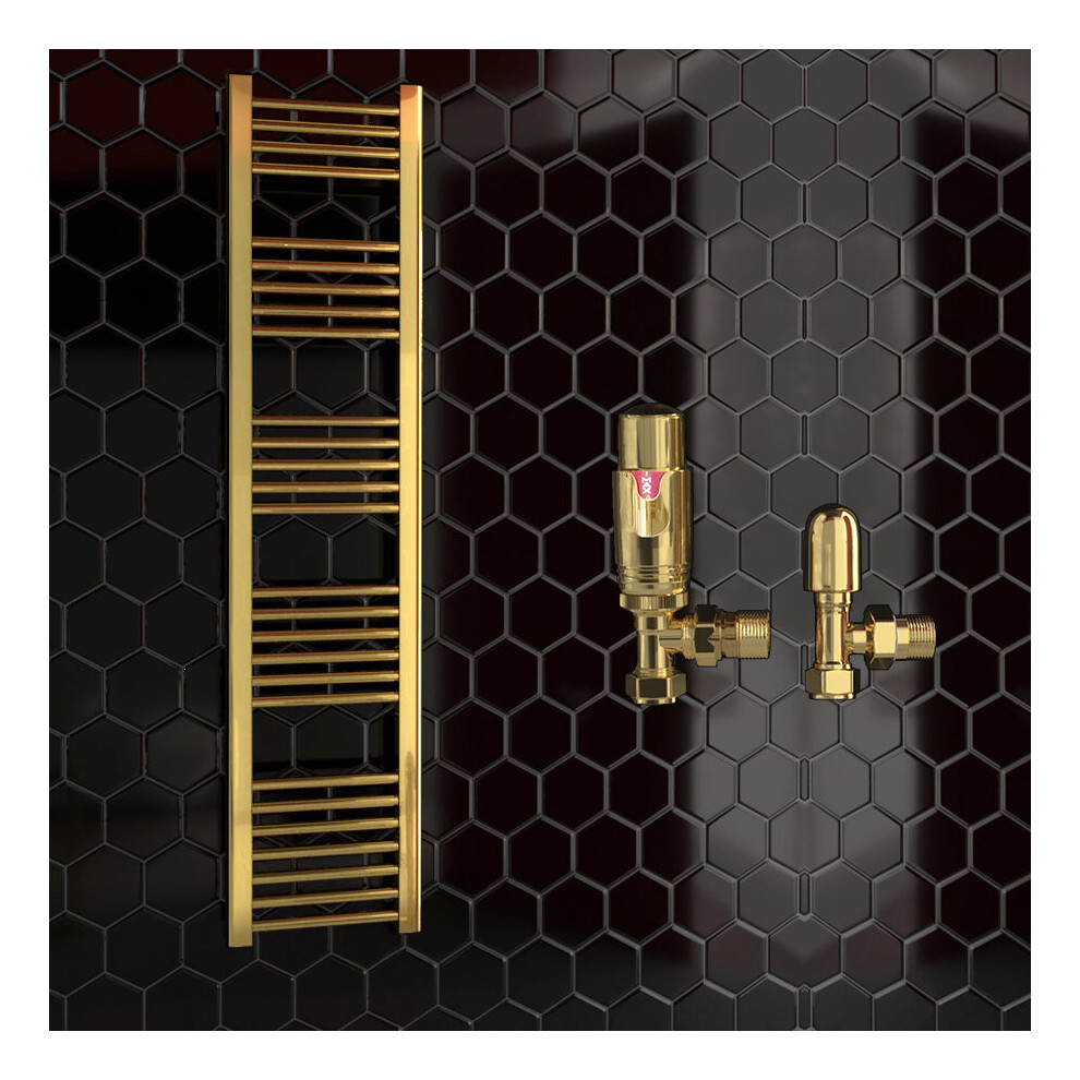 (550 X 1600 Mm (H), With Trv Angled Valves) 550Mm Wide Gold Heated Bathroom Towel Rail Radiator With Valves For Central Heating Uk 5056616525661