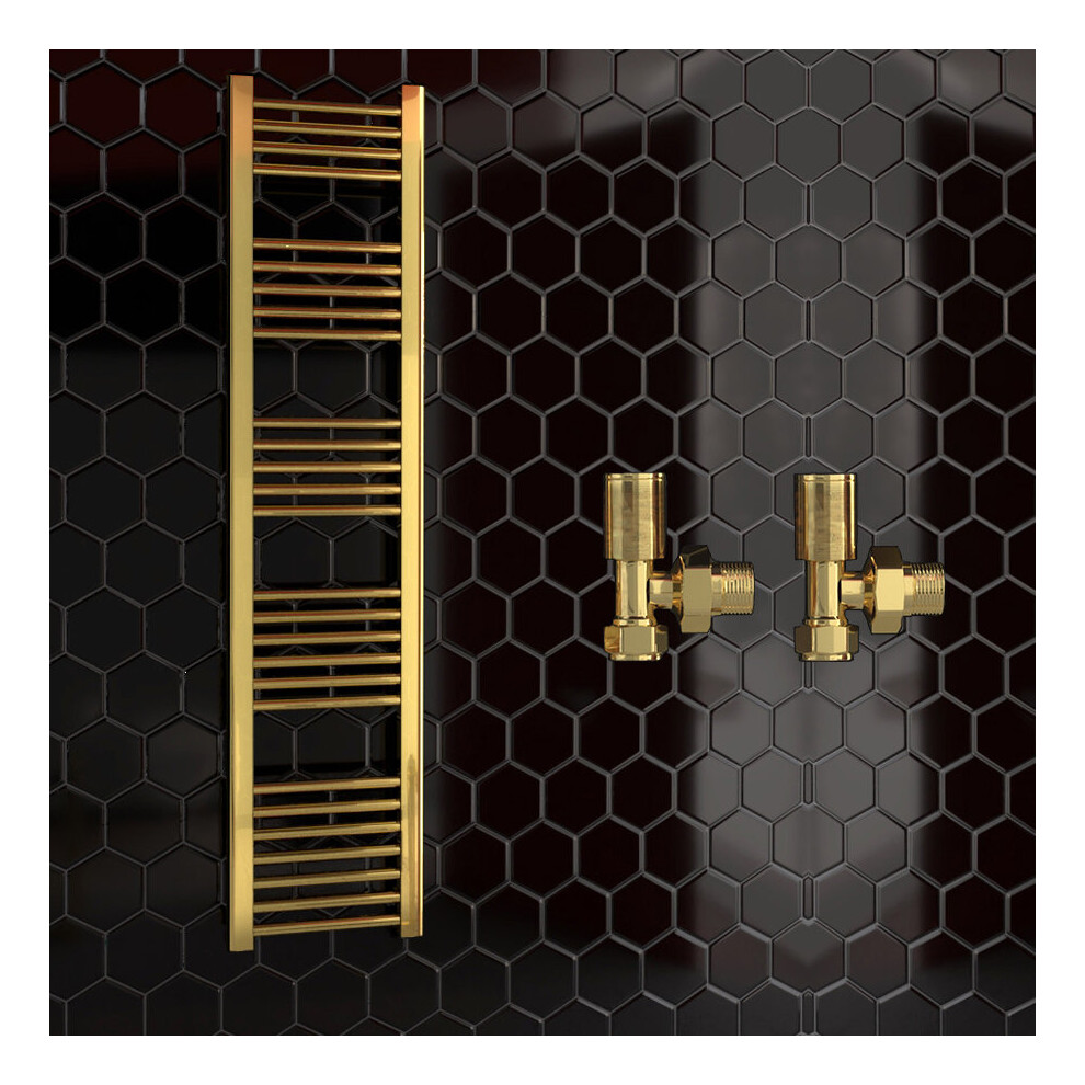 (550 X 1600 Mm (H), With Angled Valves) 550Mm Wide Gold Heated Bathroom Towel Rail Radiator With Valves For Central Heating Uk 5056616525586