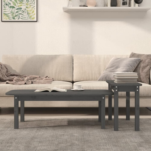 VidaXL (grey) vidaXL Solid Wood Pine Coffee Table Set 2 Piece Side End Table Multi Colours 2