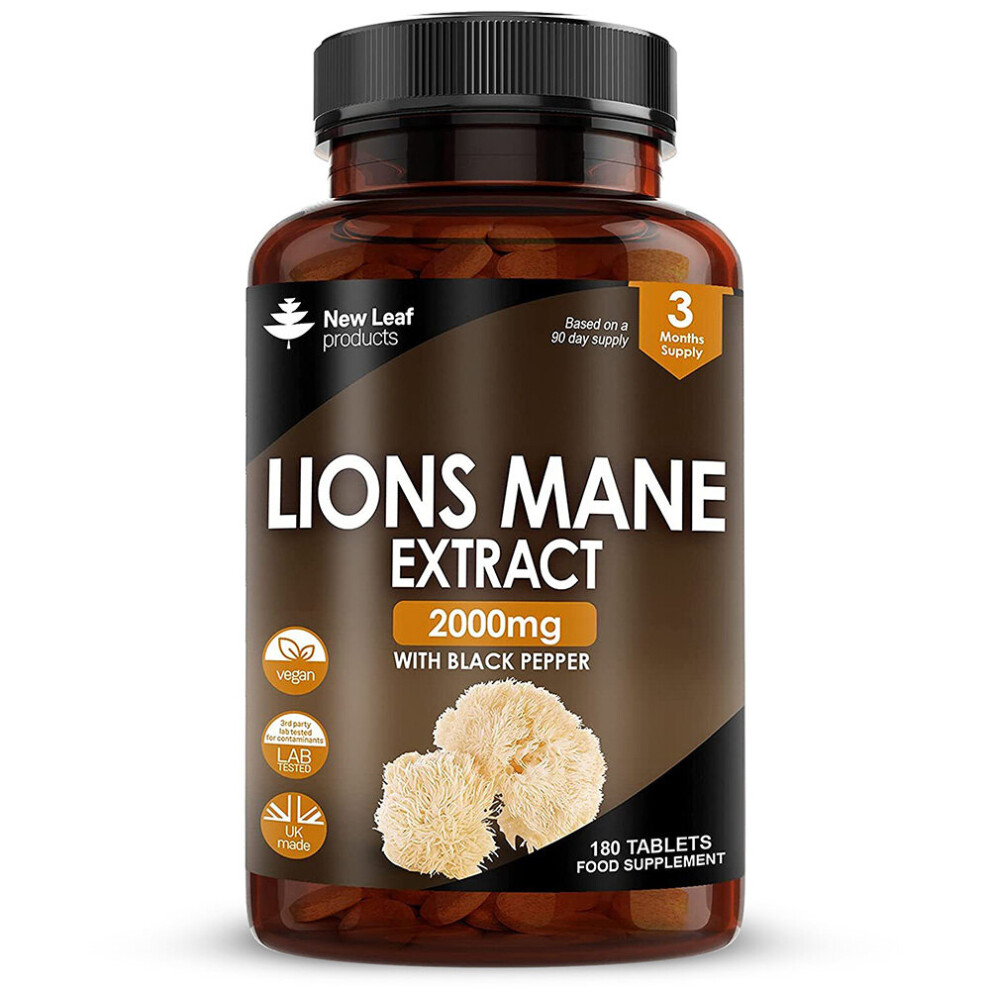 Lions Mane Mushroom 2000mg - 180 High Strength Vegan Tablets With Black Pepper - Lion's Mane Mushrooms Extract (Not Powder Or Capsules)