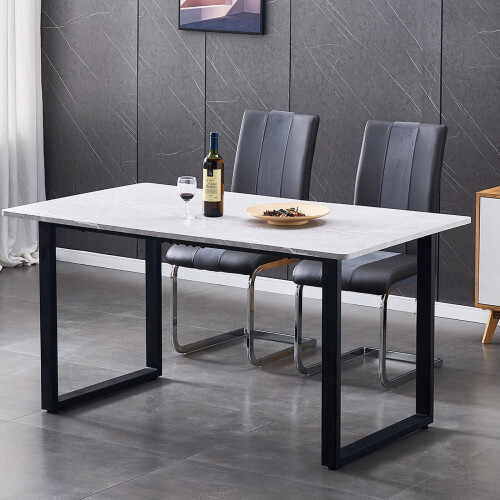 150cm Dining Table Marble Effect Grey Top with U Shape Metal Black Leg