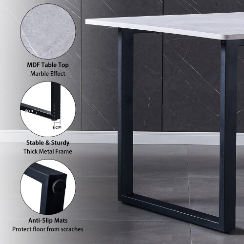 150cm Dining Table Marble Effect Grey Top with U Shape Metal Black Leg 1