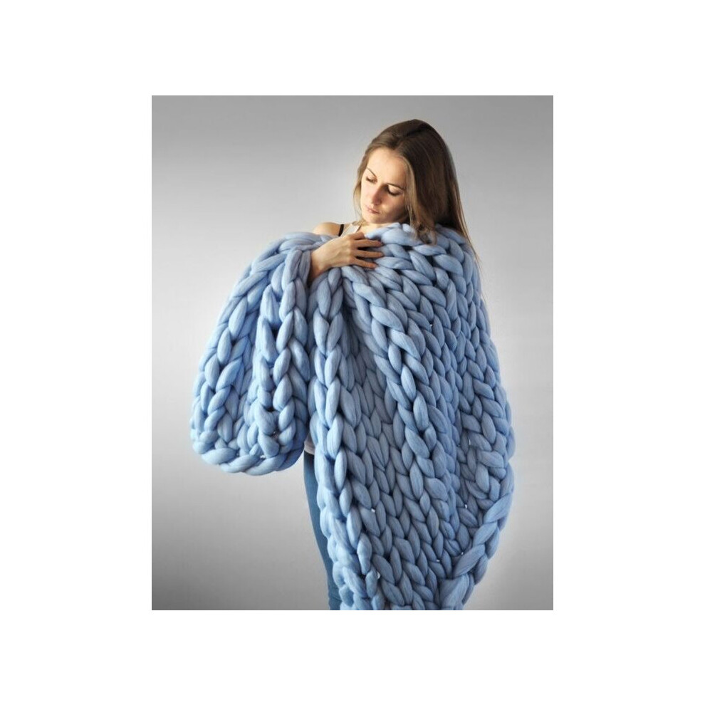 (blue 80*100cm) Soft Luxury Chunky Knitted Blanket Thick Yarn Bulky Knit Throw Sofa Bed Blankets