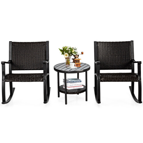 3 Pcs Rocking Bistro Conversation Set Wicker Outdoor Rocking Chairs on