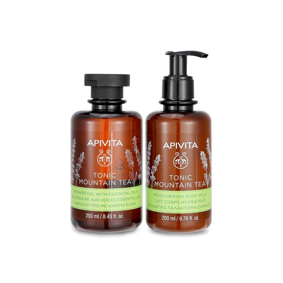 Apivita Uplift Your Mood Toning & Revitalization Set: Tonic Mountain Tea Shower Gel 250ml+ Tonic Mountain Tea Body Milk 2pcs