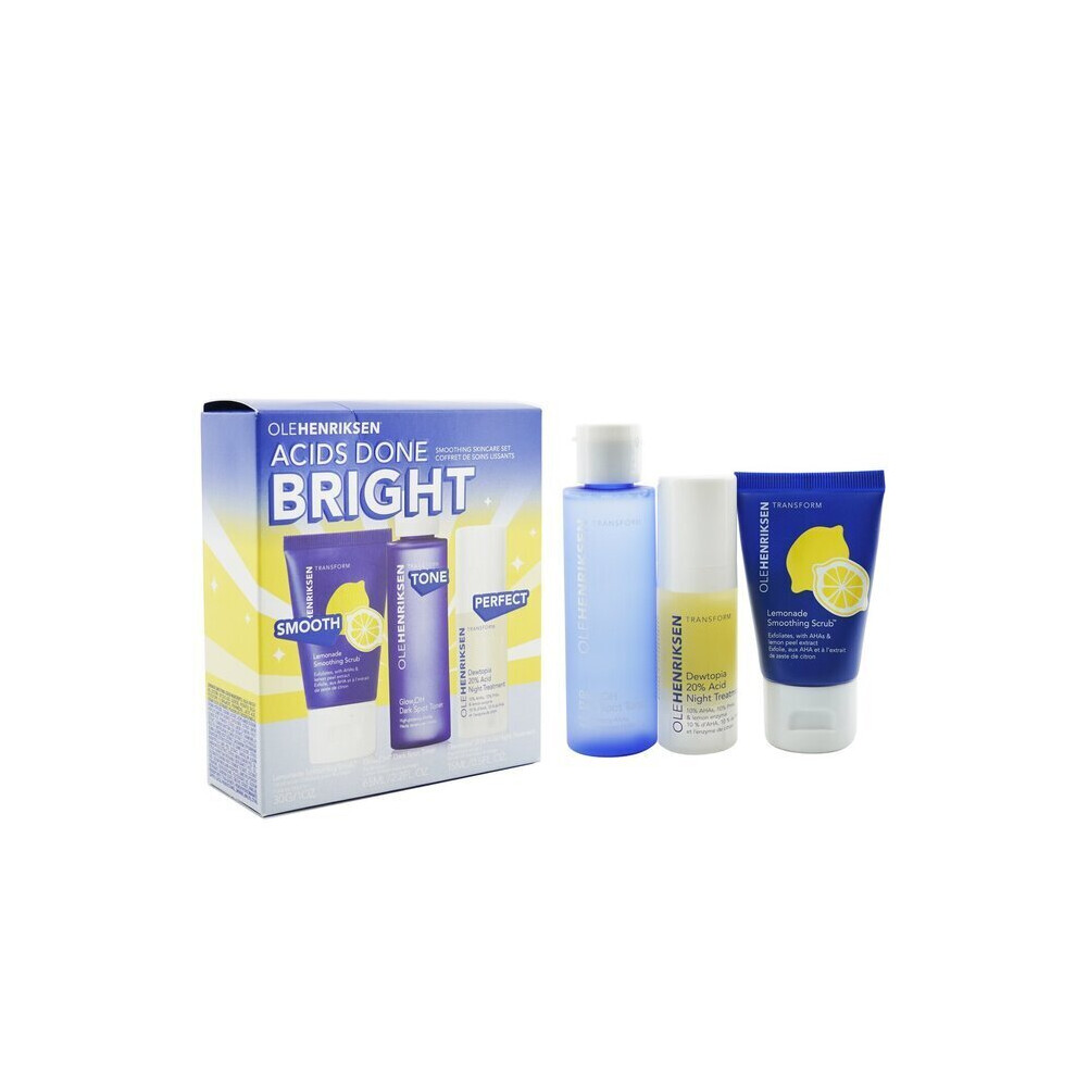 Ole Henriksen Acids Done Bright Set: Lemonade Smoothing Scrub 30g + Glow2OH Dark Spot Toner 65ml + Dewtopia 20% Acid Night Treatment 15ml 3pc