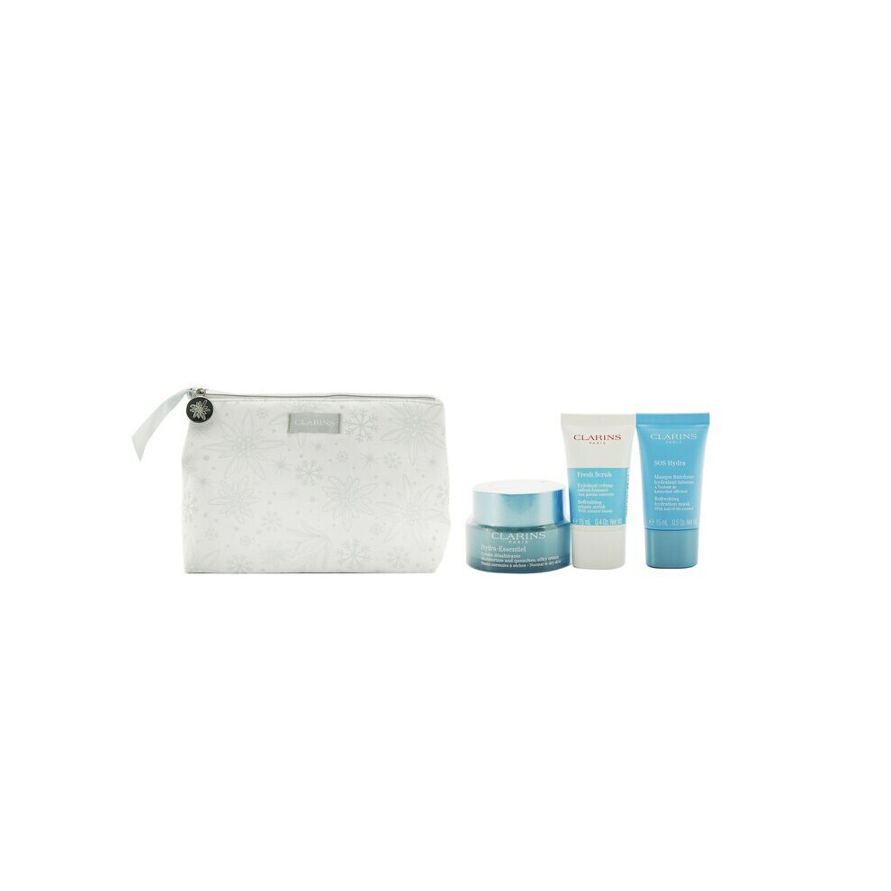 Clarins Hydration Collection: Hydra-Essentiel Silky Cream 50ml+ Fresh Scrub 15ml+ SOS Hydra Mask 15ml+ Pouch 3pcs+1pouch