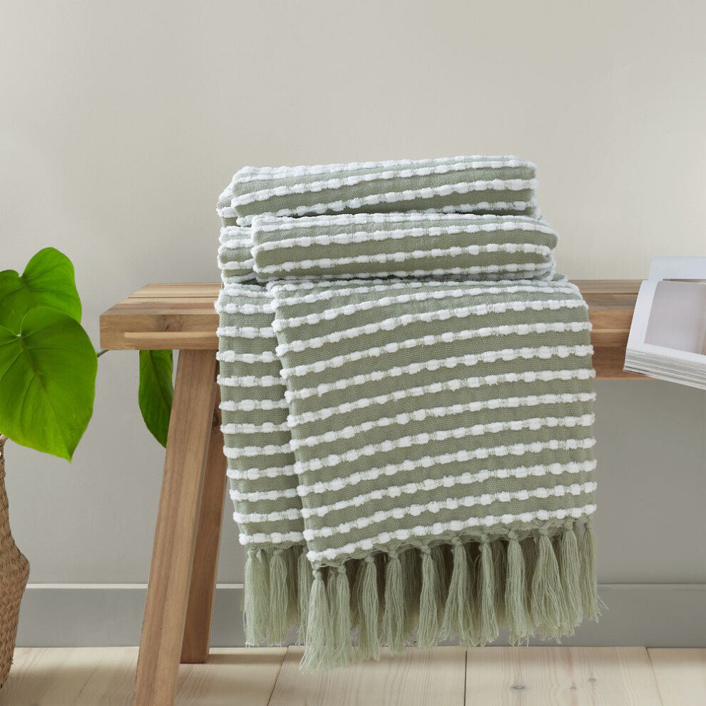 (Sage Green) Catherine Lansfield Stab Stitch Textured Tasselled Throw